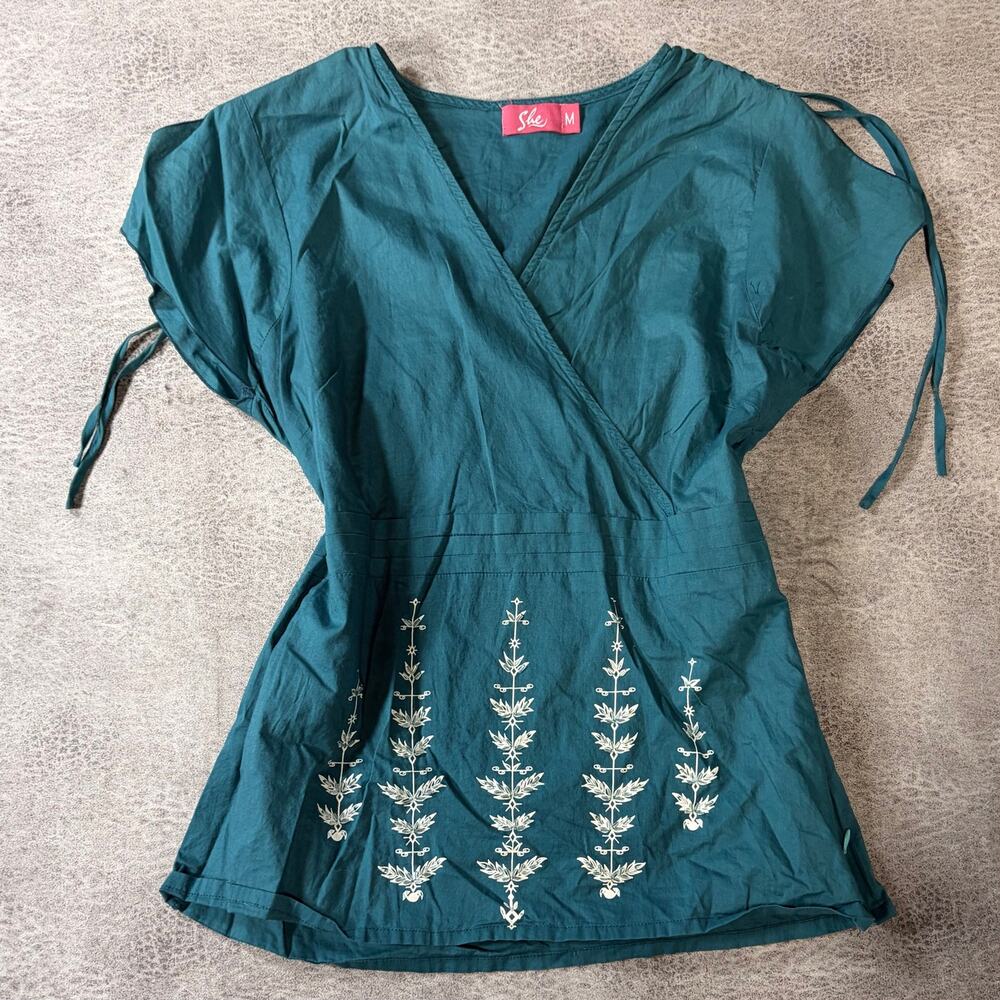 Teal Wrap Y2k Floral Embroidered Blouse